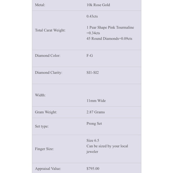 Pretty, solid 10k rose gold pink tourmaline and Diamond pear shape ring size 6.5 - Picture 5 of 5